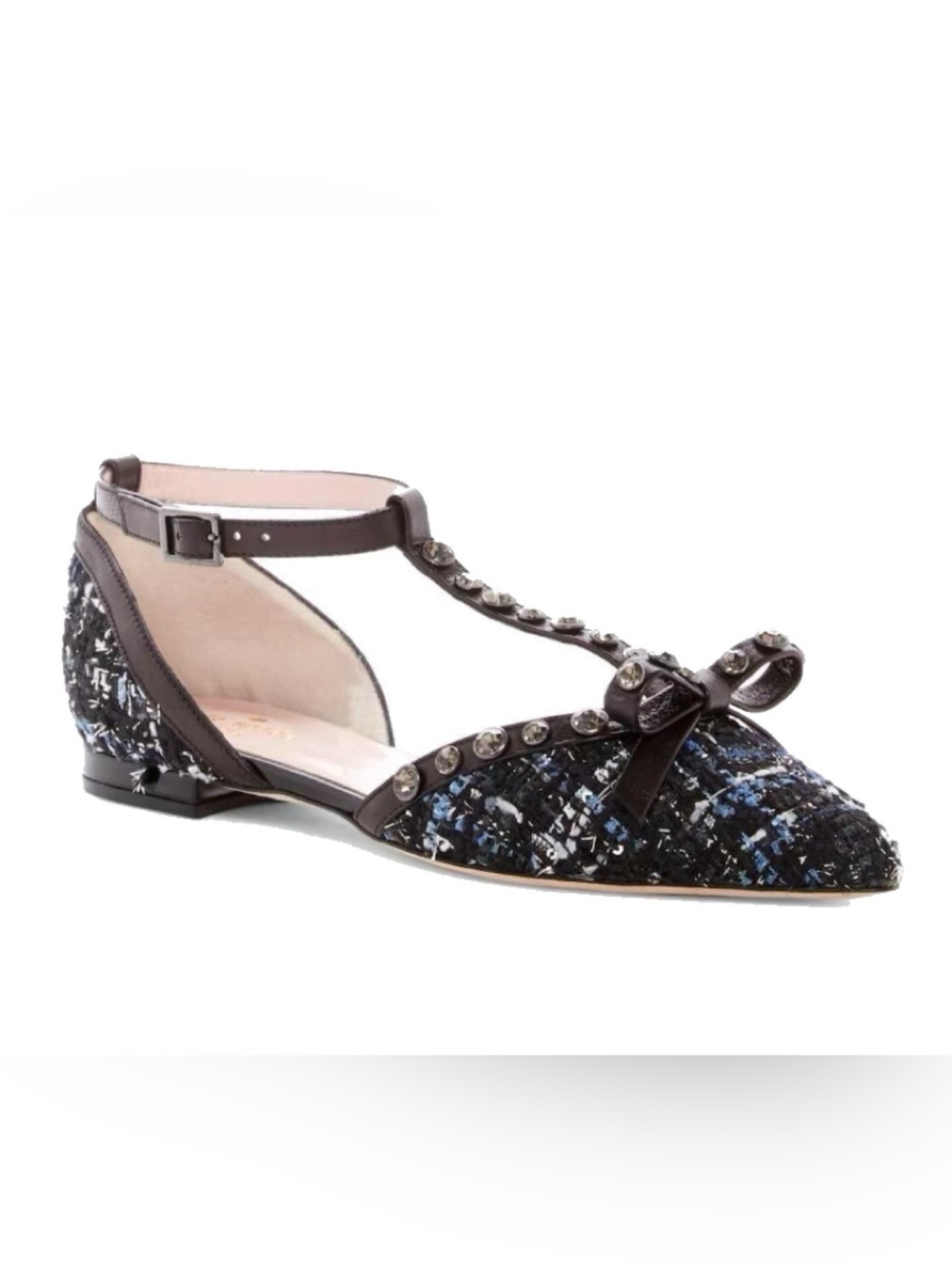 Kate Spade EUC Becca Tweed Bow Flats Blue Black Crystal 8.5 Italy
